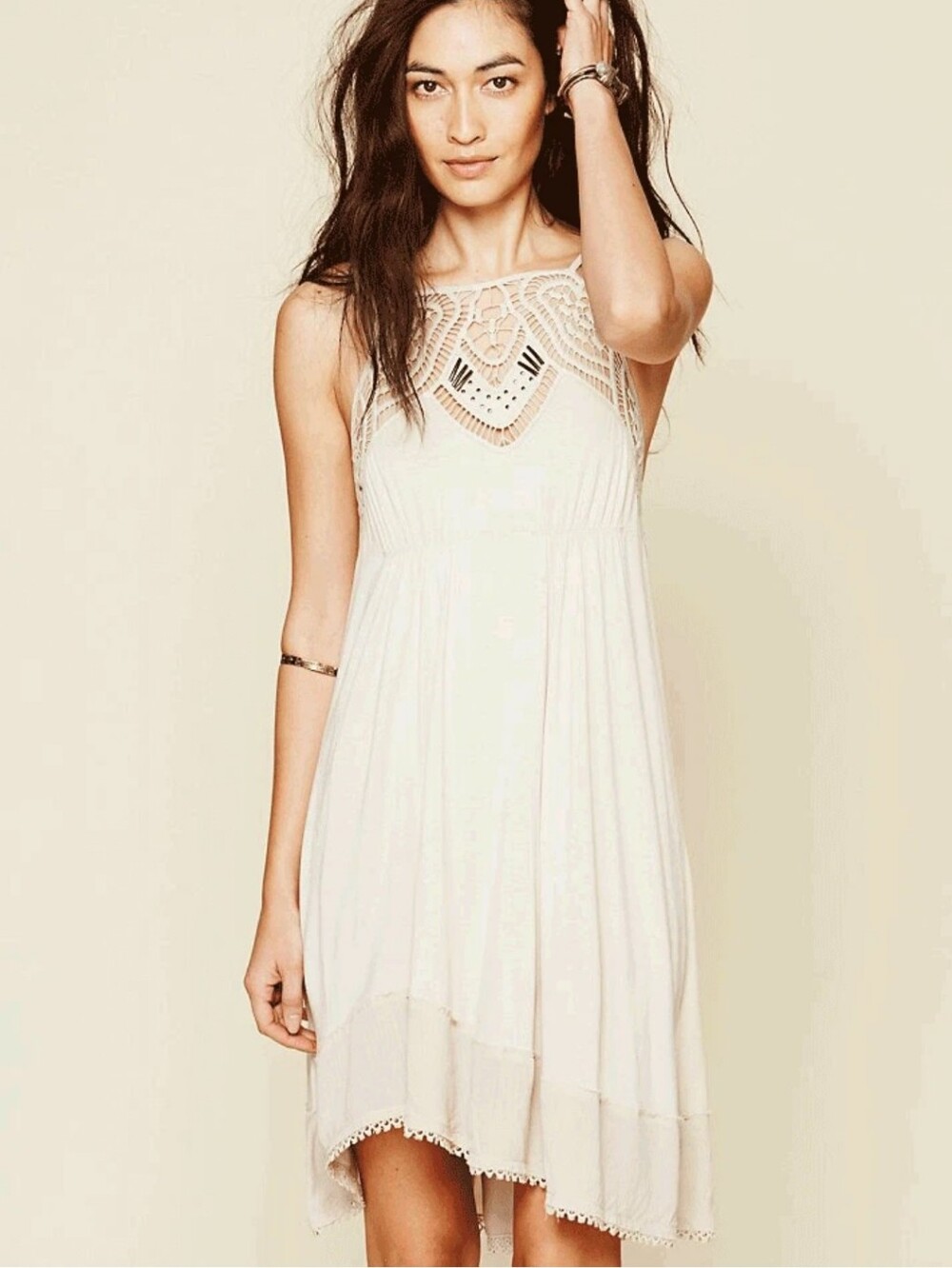 NWOT Free People Star Lace Macrame Beaded Empire Waist Asymmetrical Dress Small